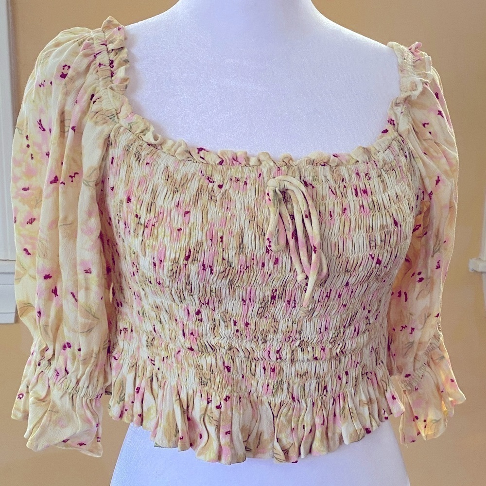 Faithful The Brand Floral Puff Sleeve Crop Top Yellow Medium